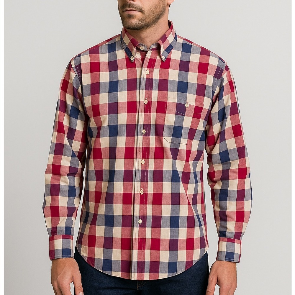 Vtg‎ The Fox Collection Plaid Shirt Mens XL Red Blue White Long Sleeve Hong Kong